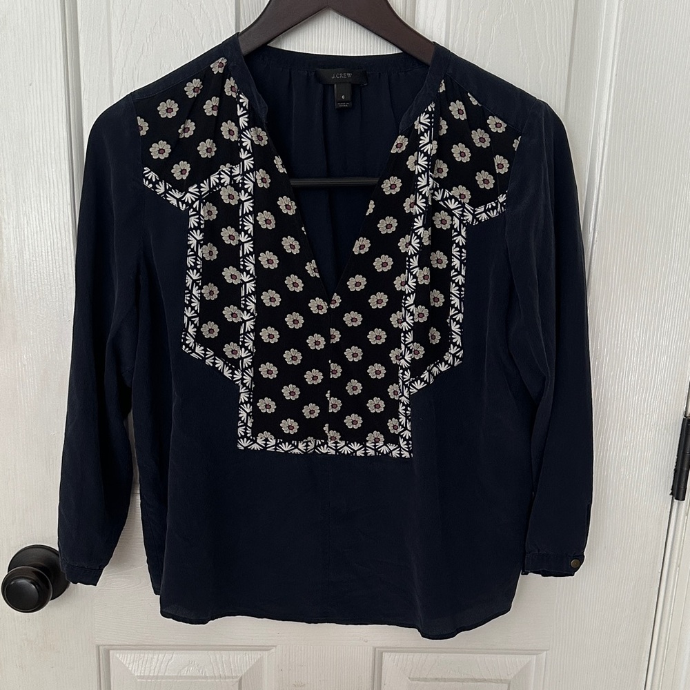 J. Crew Blue Embroidered 3/4 Sleeve Bib Collar Blouse